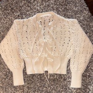 Jessica Simpson Cream Open-Knit Tie-Front Crop Cardigan
